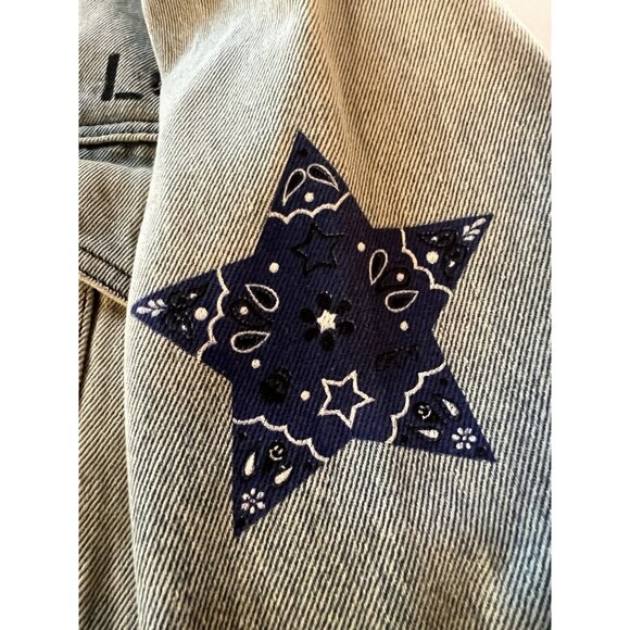 LAUREN MOSHI oversized peace love bandana stars studded jean jacket L designer - Picture 4 of 9